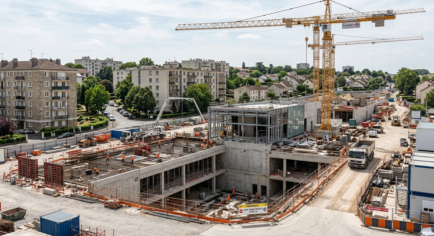 Chantier de construction de la future gare de la ligne 18 du Grand Paris Express à Massy