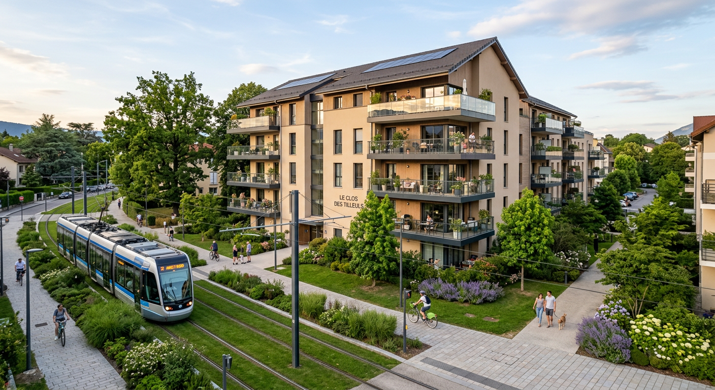 Résidence neuve avec balcons et ligne de tramway dans un quartier résidentiel de Massy