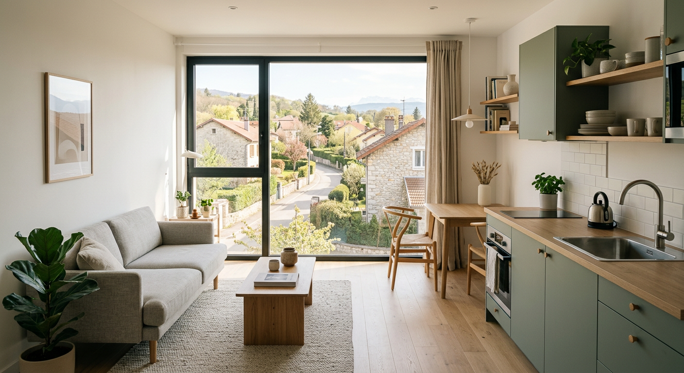 Intérieur d'un studio meublé moderne avec vue sur un paysage urbain francilien