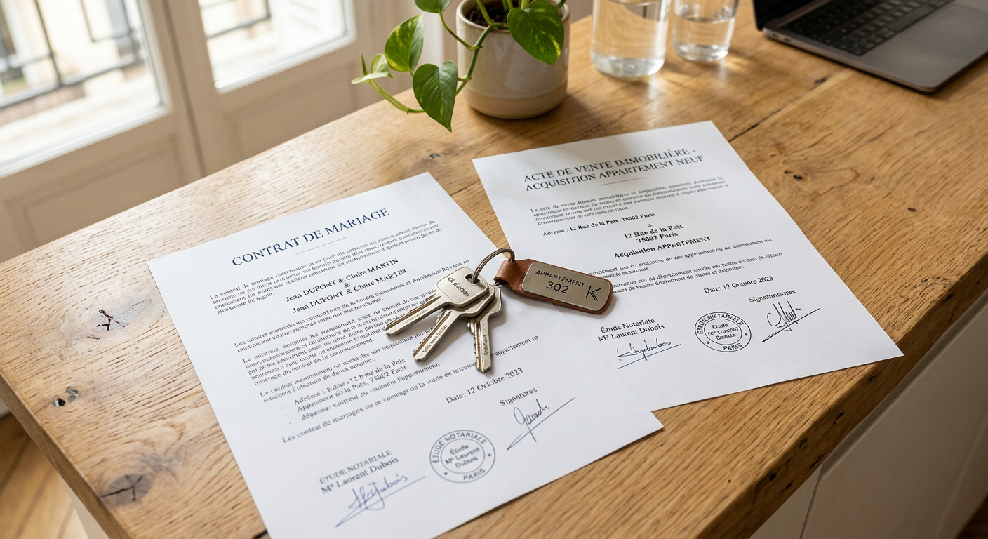 Clés d'appartement neuf posées sur un contrat de mariage