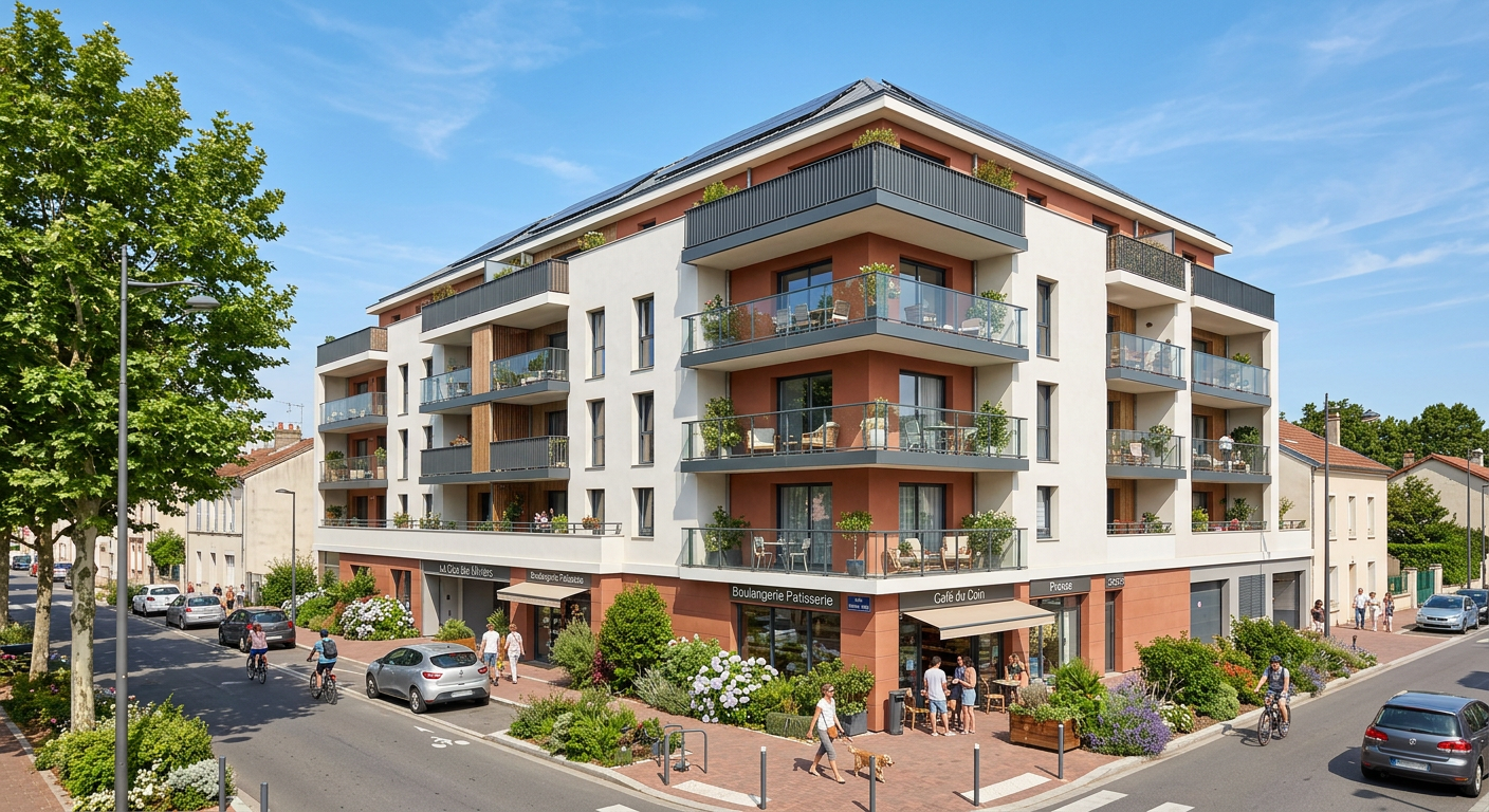 Façade d'une résidence neuve moderne à Bezons avec balcons et espaces verts