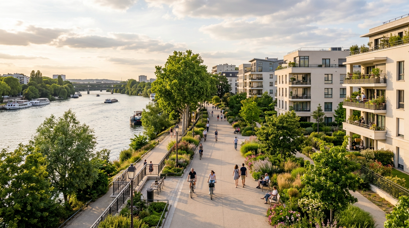 Promenade aménagée le long des berges de Seine à Bezons avec résidences neuves