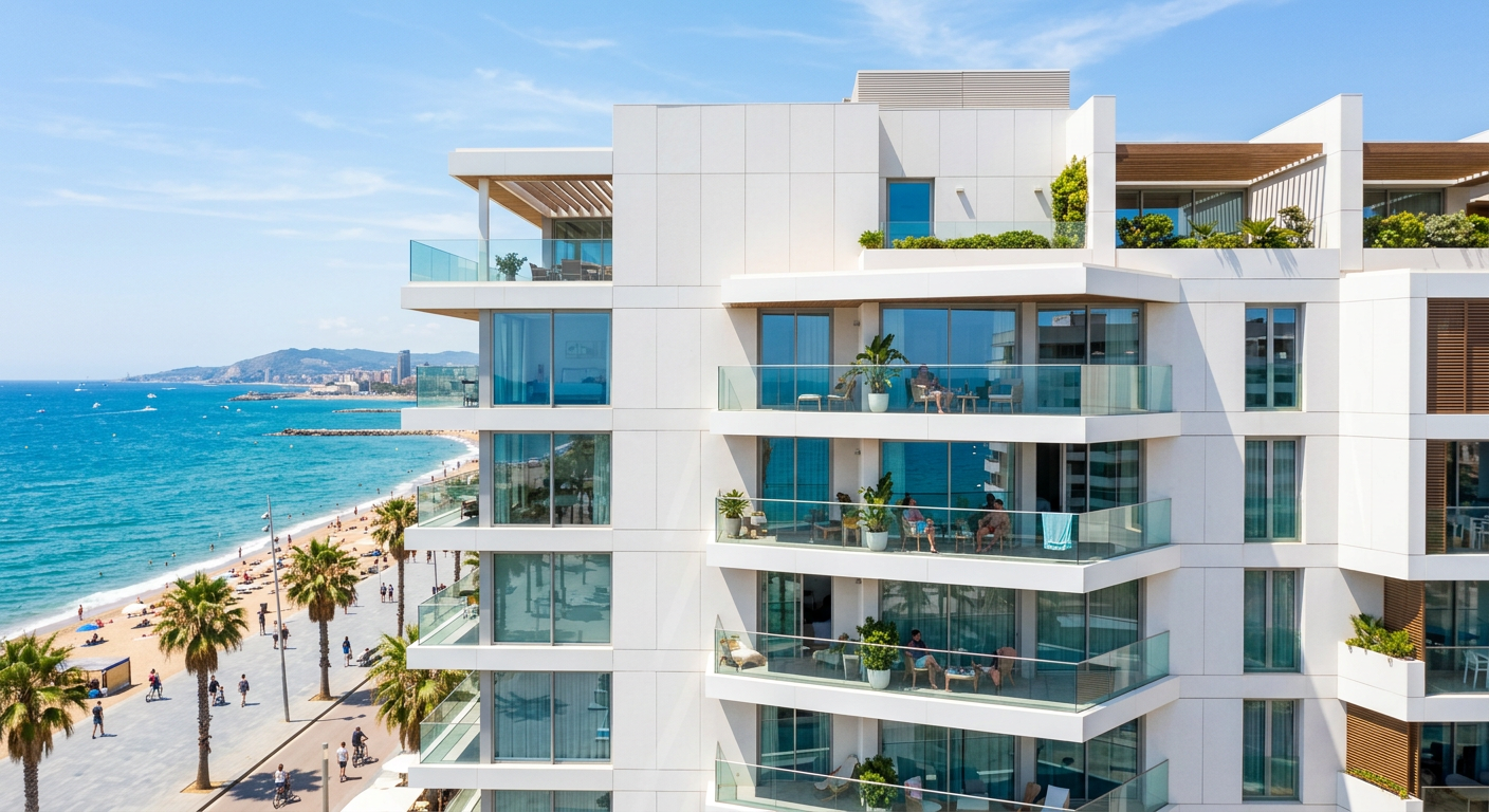 Façade d'un immeuble neuf moderne à Cannes avec balcons et vue mer