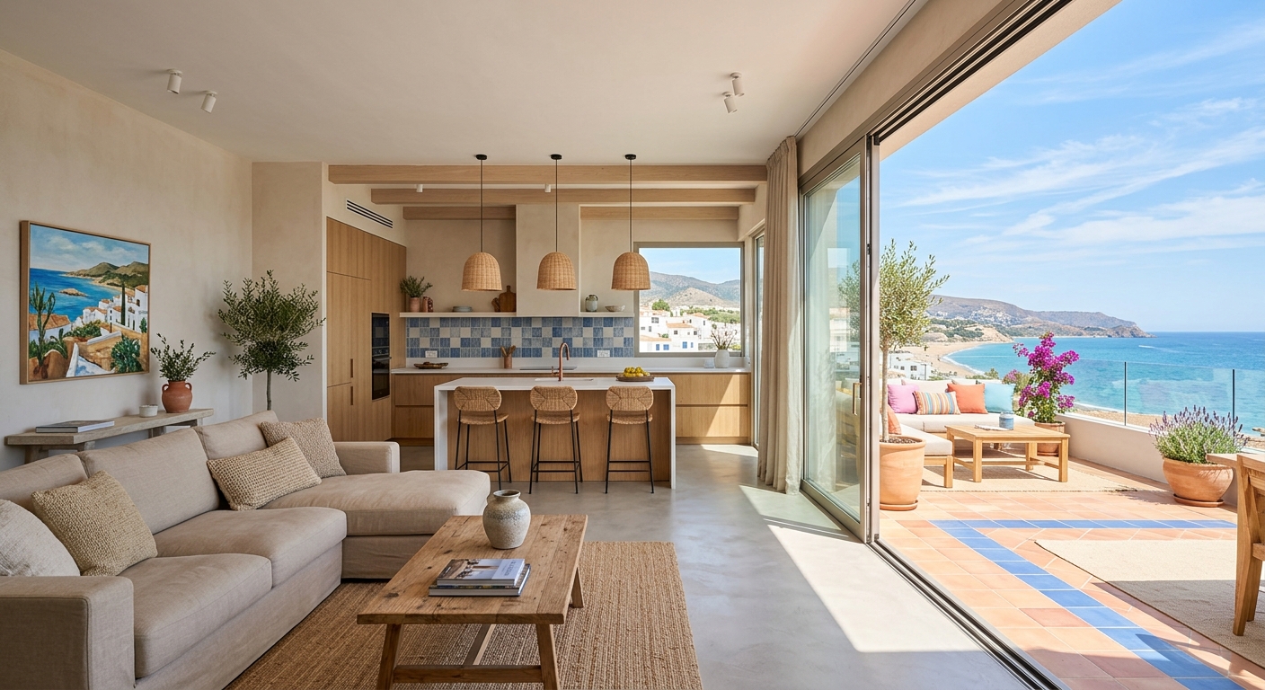 Intérieur moderne d'un appartement neuf avec terrasse et vue méditerranéenne