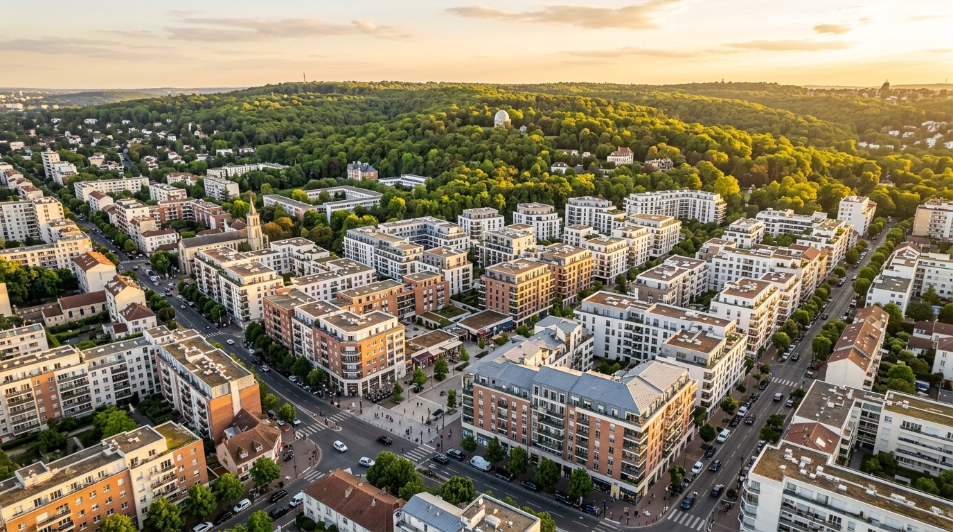 Panorama de Clamart avec la forêt de Meudon en arrière-plan et immeubles résidentiels