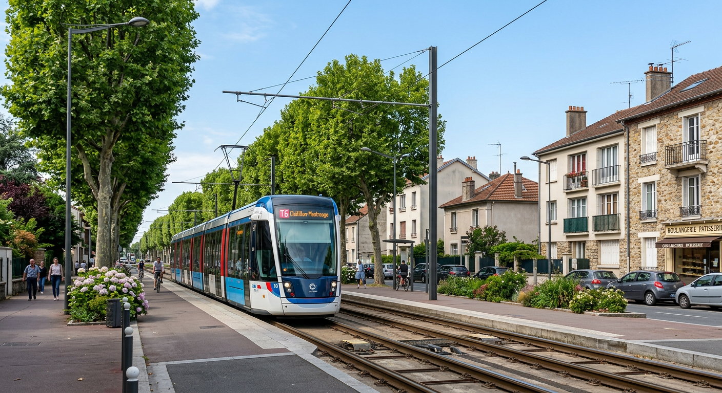Tramway T6 circulant dans une avenue arborée de Clamart