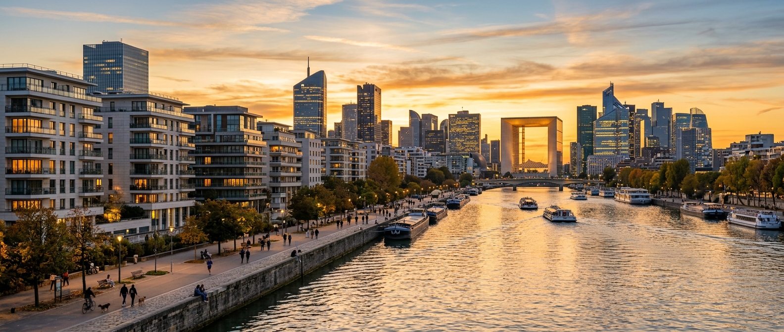 Quartier de La Défense vu depuis les berges de Seine à Courbevoie