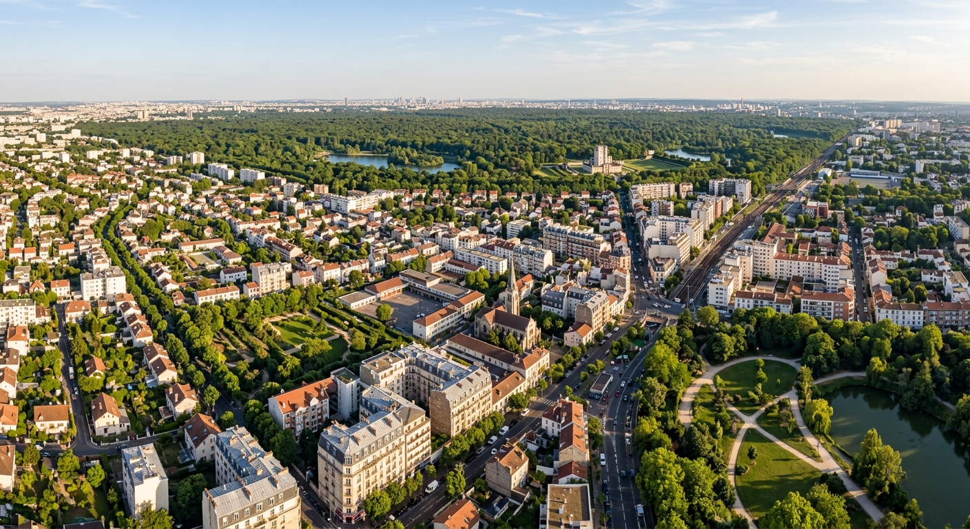 Vue aérienne de Fontenay-sous-Bois avec ses parcs et le bois de Vincennes en arrière-plan