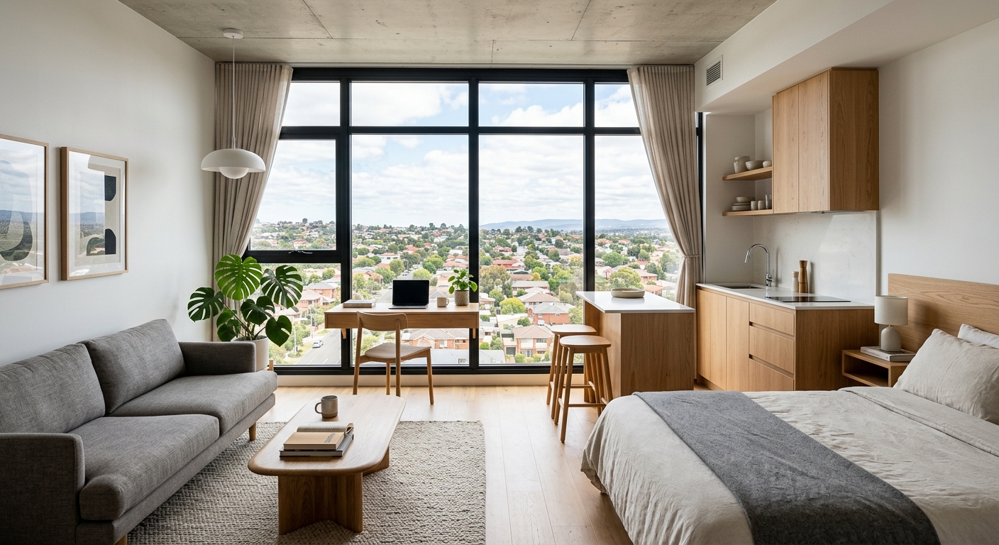 Intérieur d'un studio meublé neuf avec vue sur la banlieue parisienne
