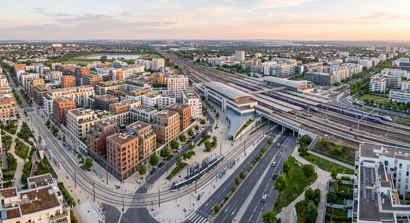 Gare de Massy-Palaiseau et immeubles neufs en construction dans le quartier Atlantis