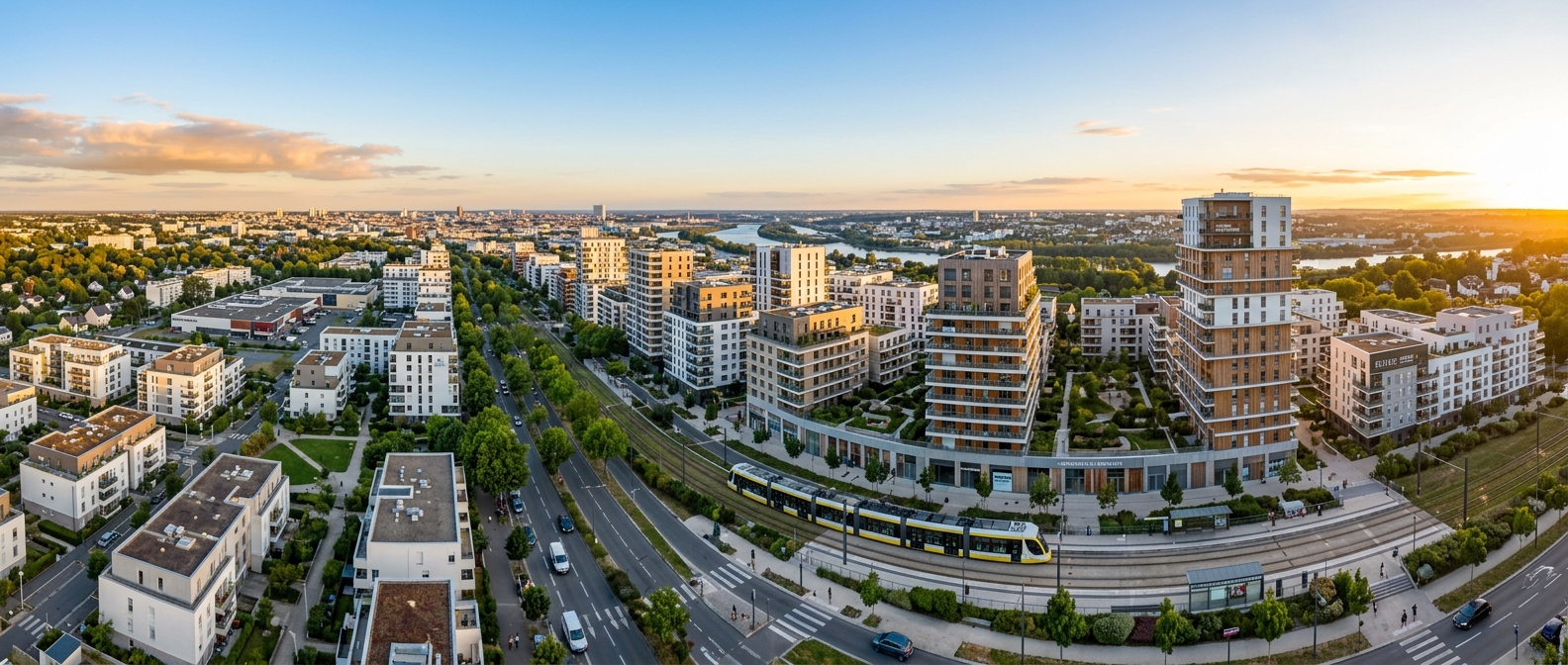 Vue panoramique de Massy avec immeubles neufs et ligne de tramway au coucher du soleil