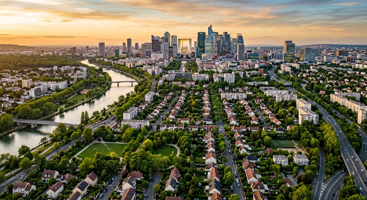 Vue aérienne de Rueil-Malmaison avec espaces verts et skyline de La Défense
