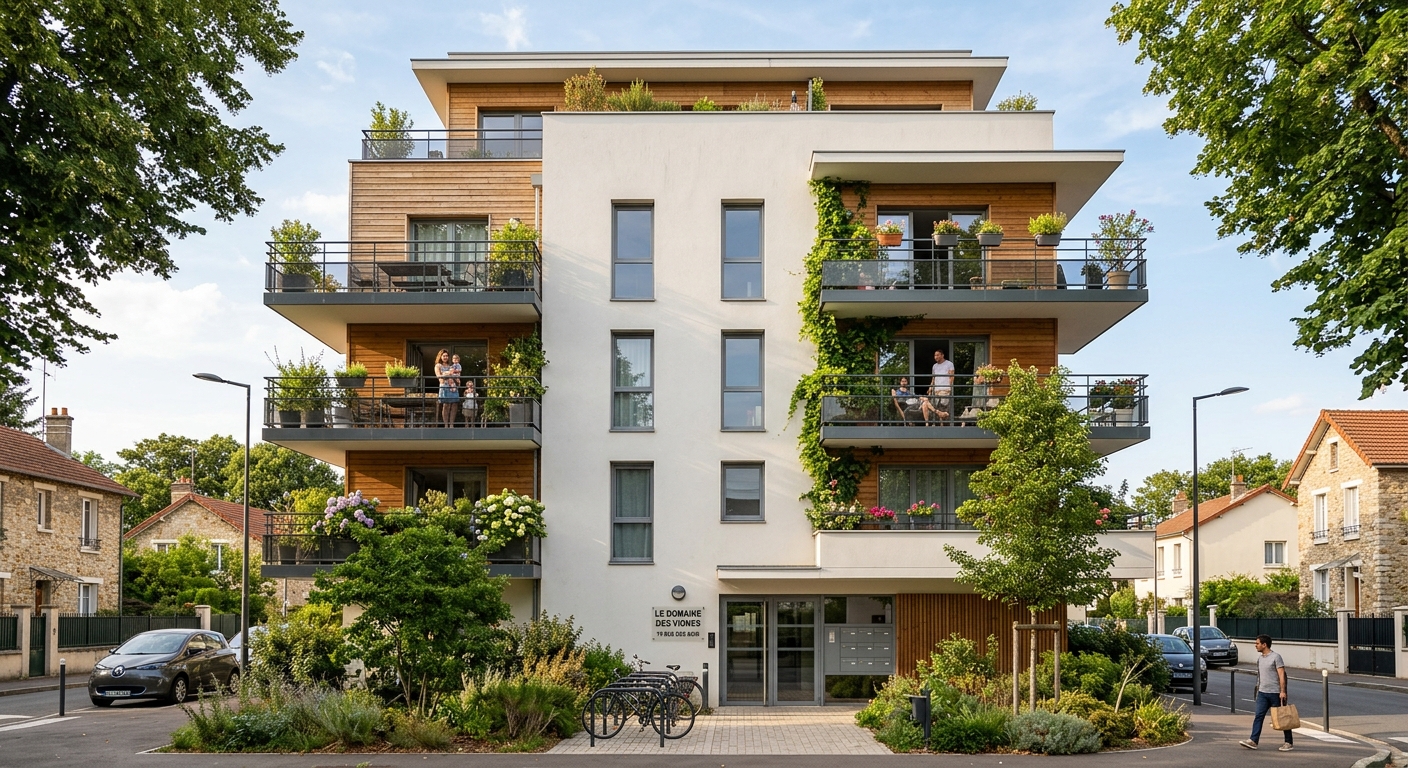 Façade d'un immeuble neuf moderne à Rueil-Malmaison avec balcons végétalisés