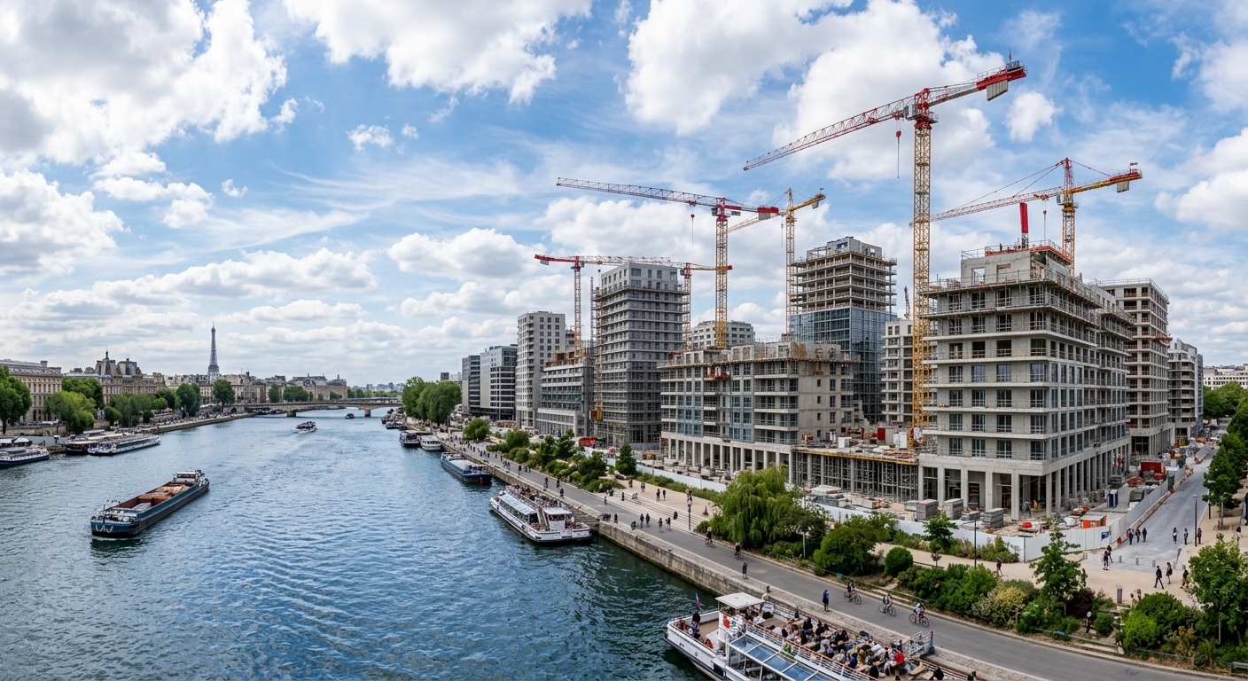 Développement immobilier neuf en bord de Seine avec grues de chantier