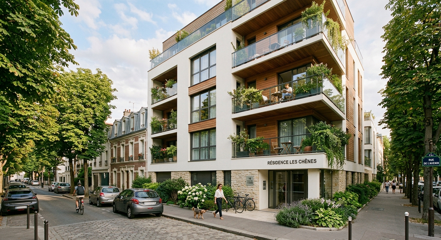 Façade d'un immeuble neuf résidentiel dans un quartier verdoyant de l'ouest parisien