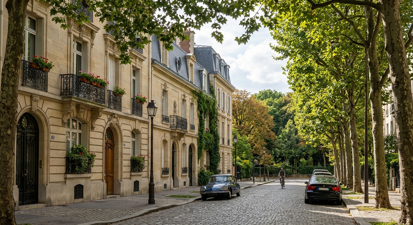 Rue résidentielle calme et arborée typique de Saint-Germain-en-Laye avec maisons en pierre