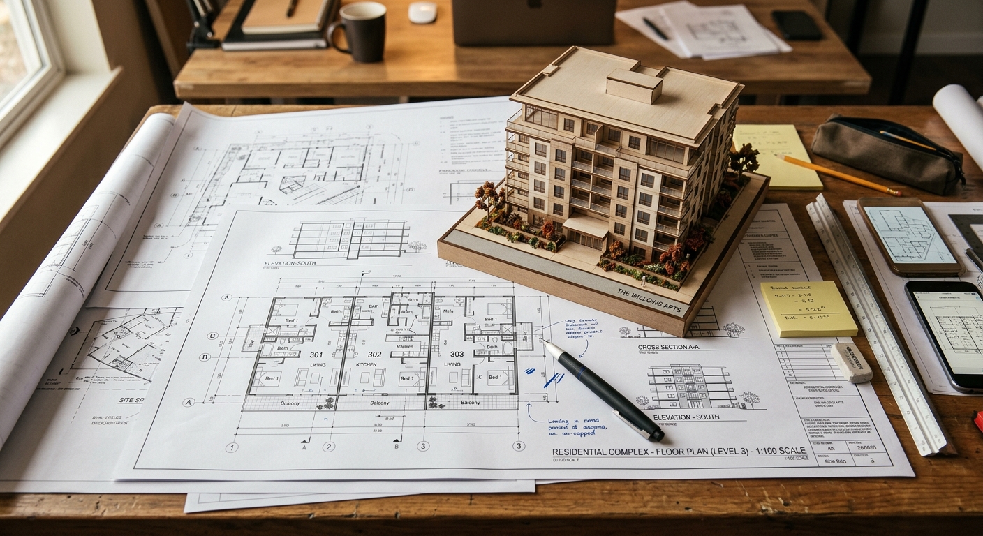 Plans architecturaux et maquette d'immeuble neuf posés sur un bureau, symbolisant l'achat en VEFA