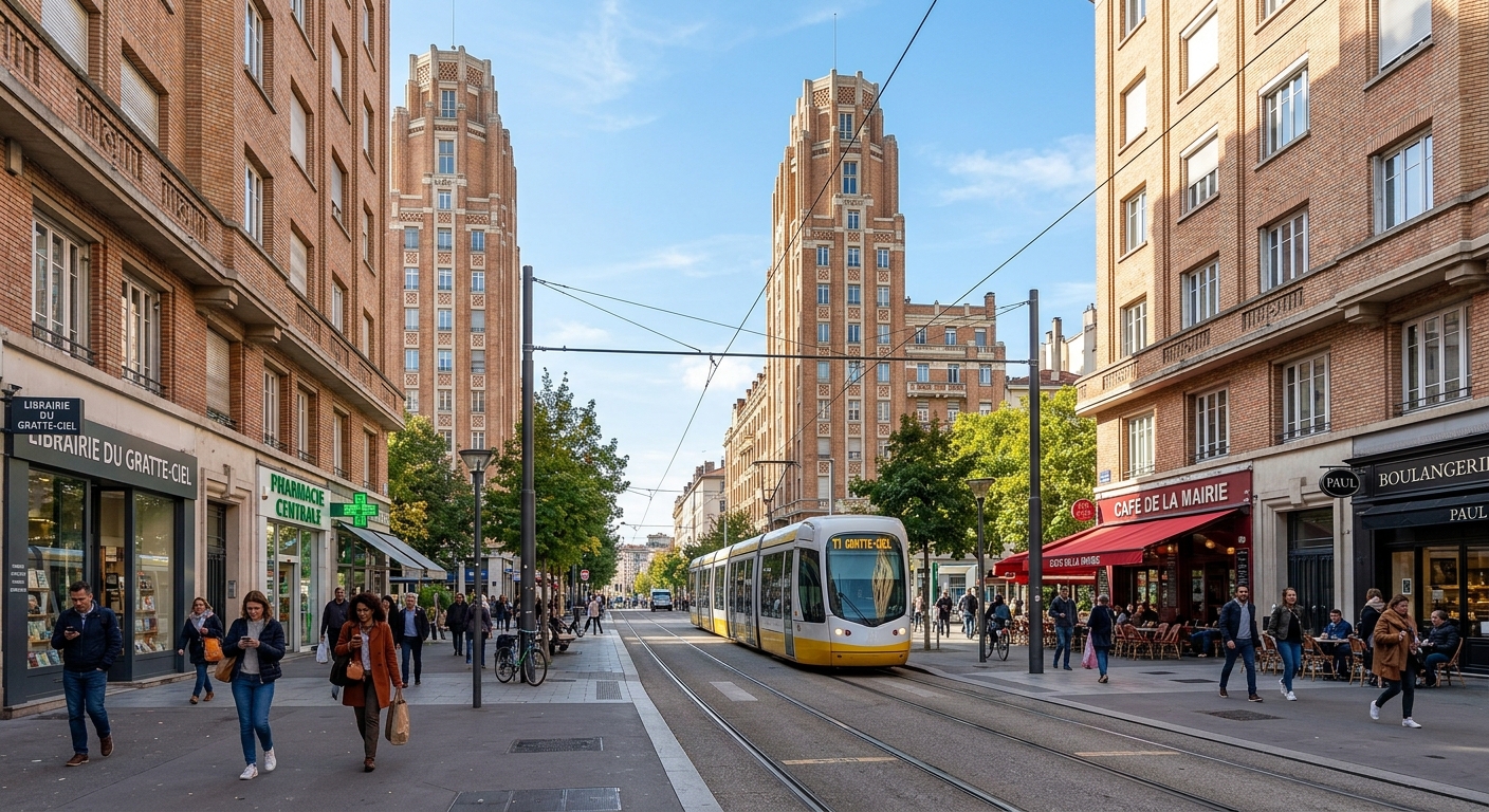 Rue commerçante du quartier Gratte-Ciel à Villeurbanne avec tramway