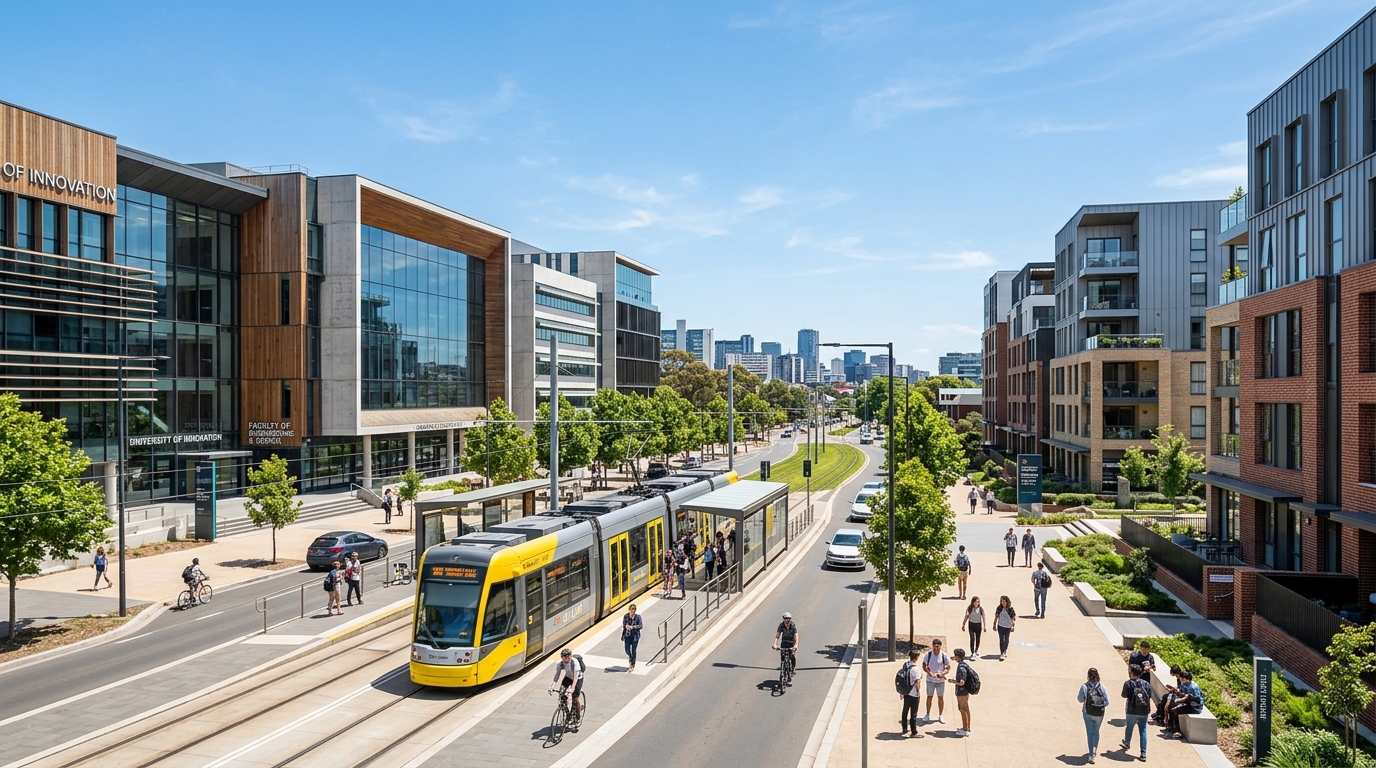 Campus universitaire de La Doua avec immeubles résidentiels modernes et tramway