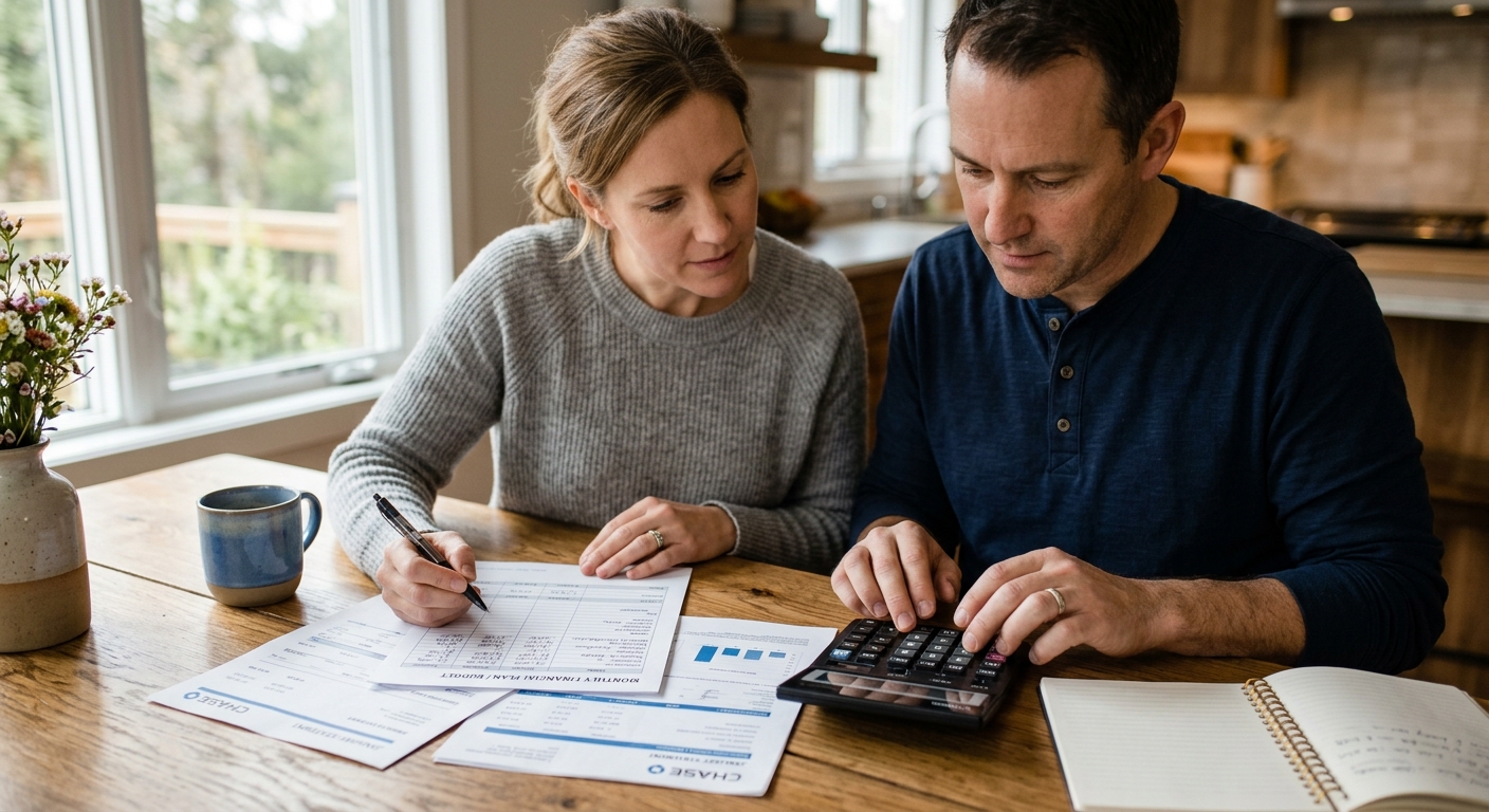 Couple calculant leur budget immobilier avec des documents financiers sur une table