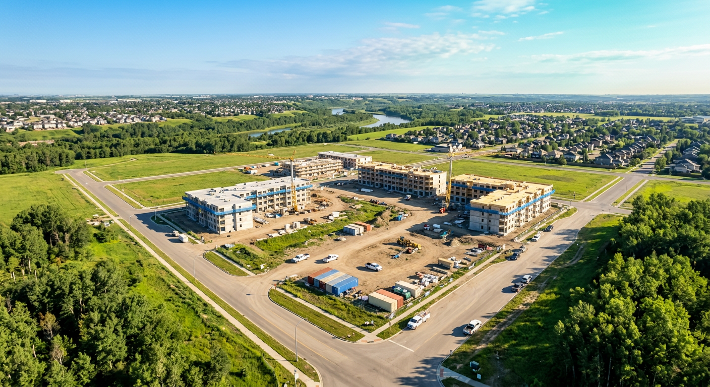 Vue aérienne d'un programme immobilier neuf en construction entouré d'espaces verts