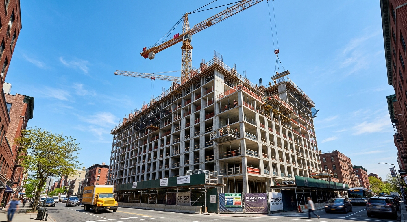 Chantier de construction d'un immeuble résidentiel neuf avec grues et ciel bleu