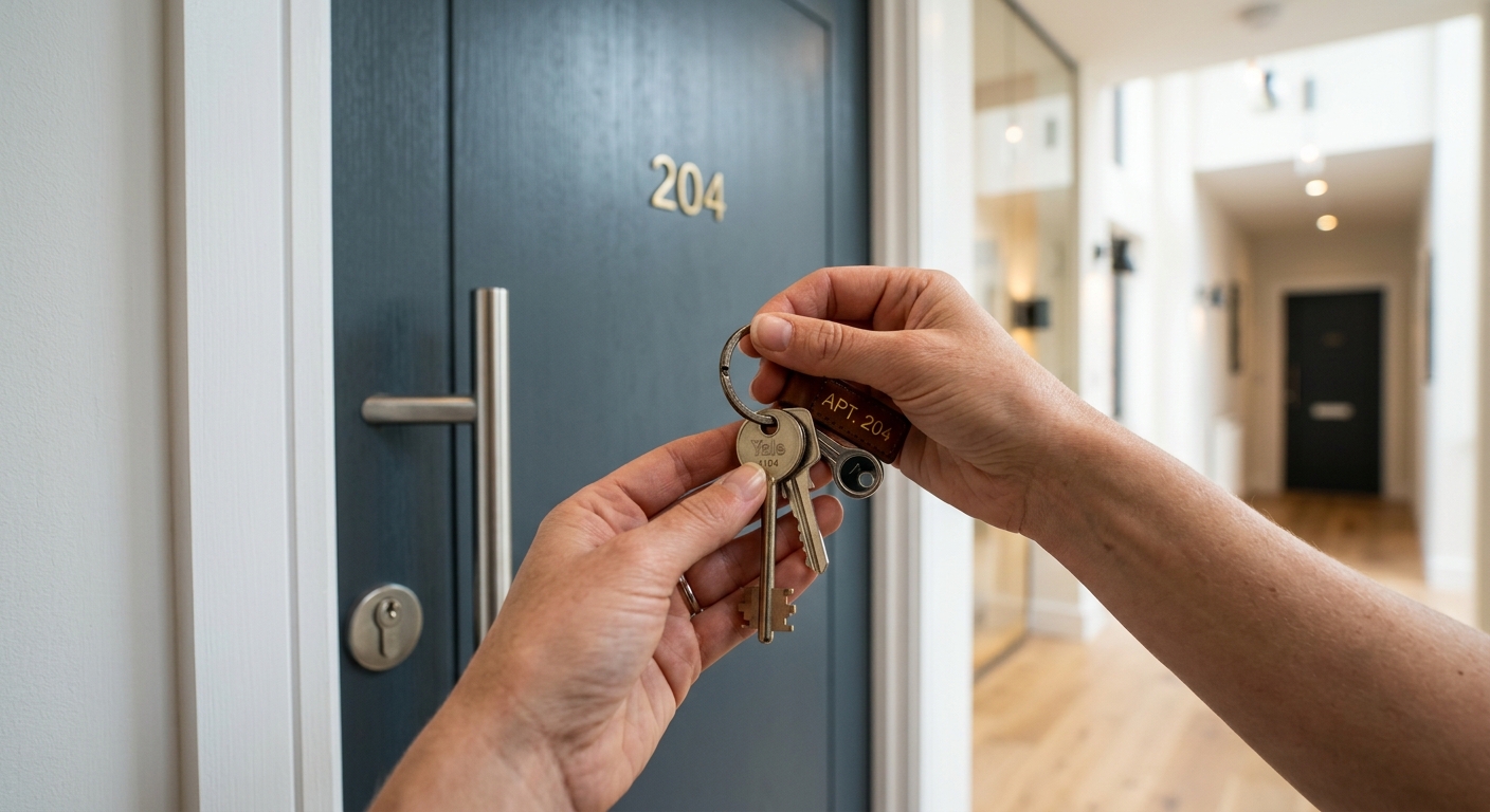 Mains tenant des clés neuves devant la porte d'entrée d'un appartement neuf