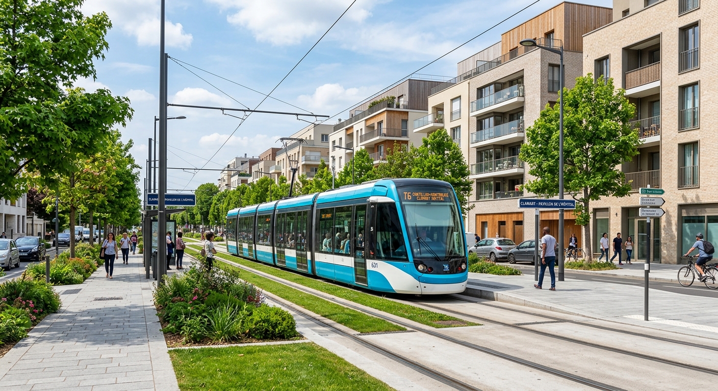 Tramway T6 circulant devant des résidences neuves à Clamart