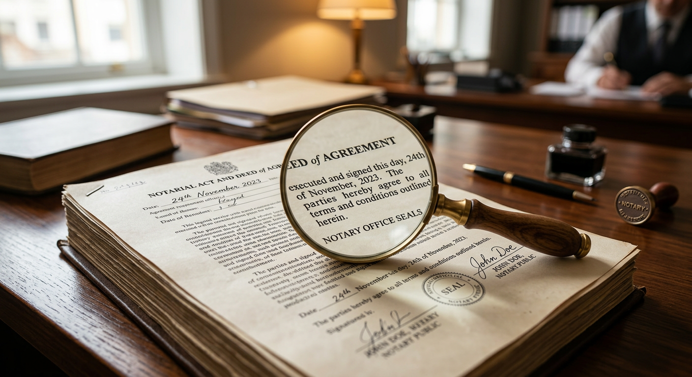 Loupe posée sur un document juridique de copropriété dans un office notarial