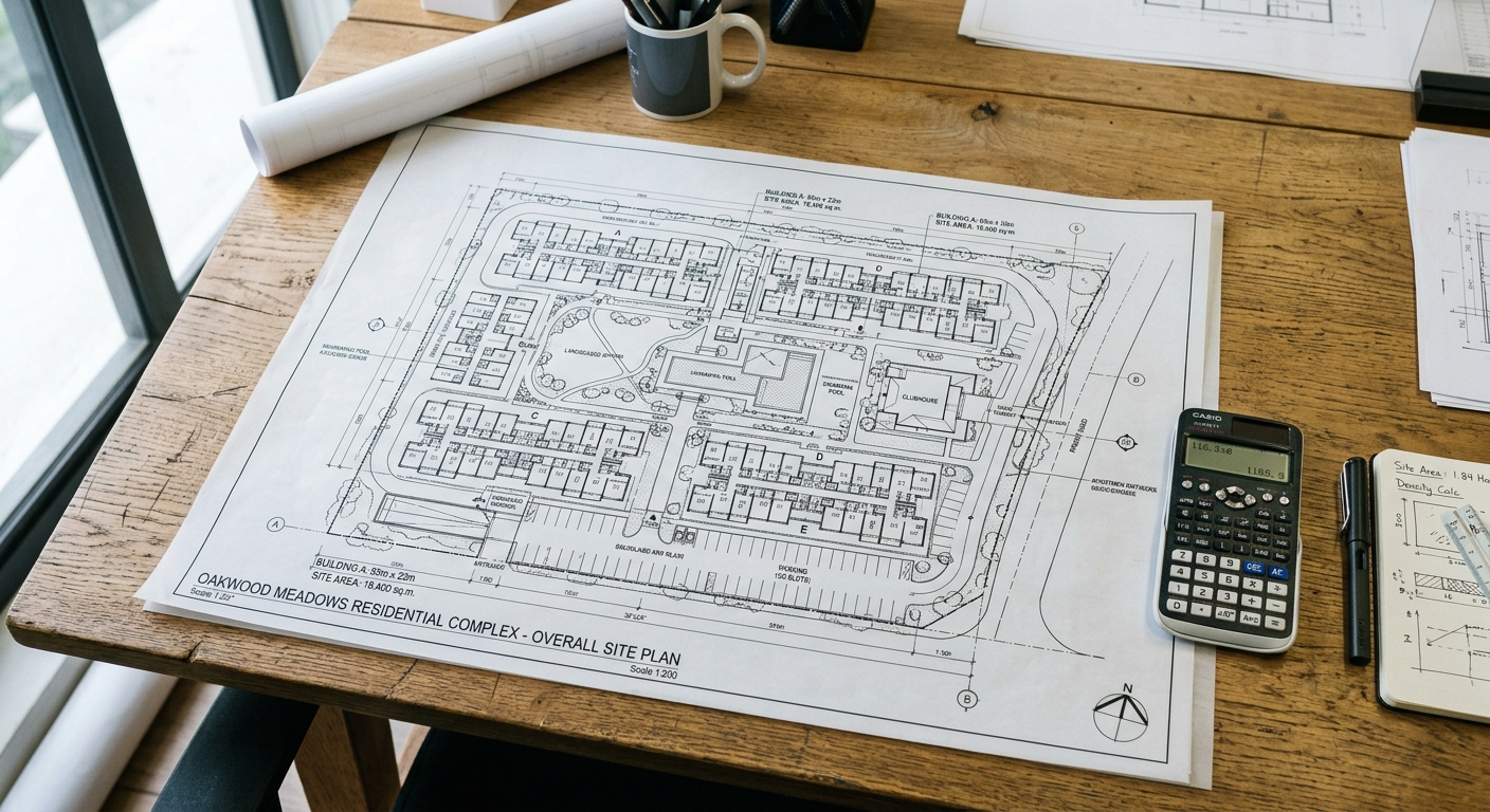 Plan architectural d'une résidence neuve avec calculatrice pour vérification des tantièmes