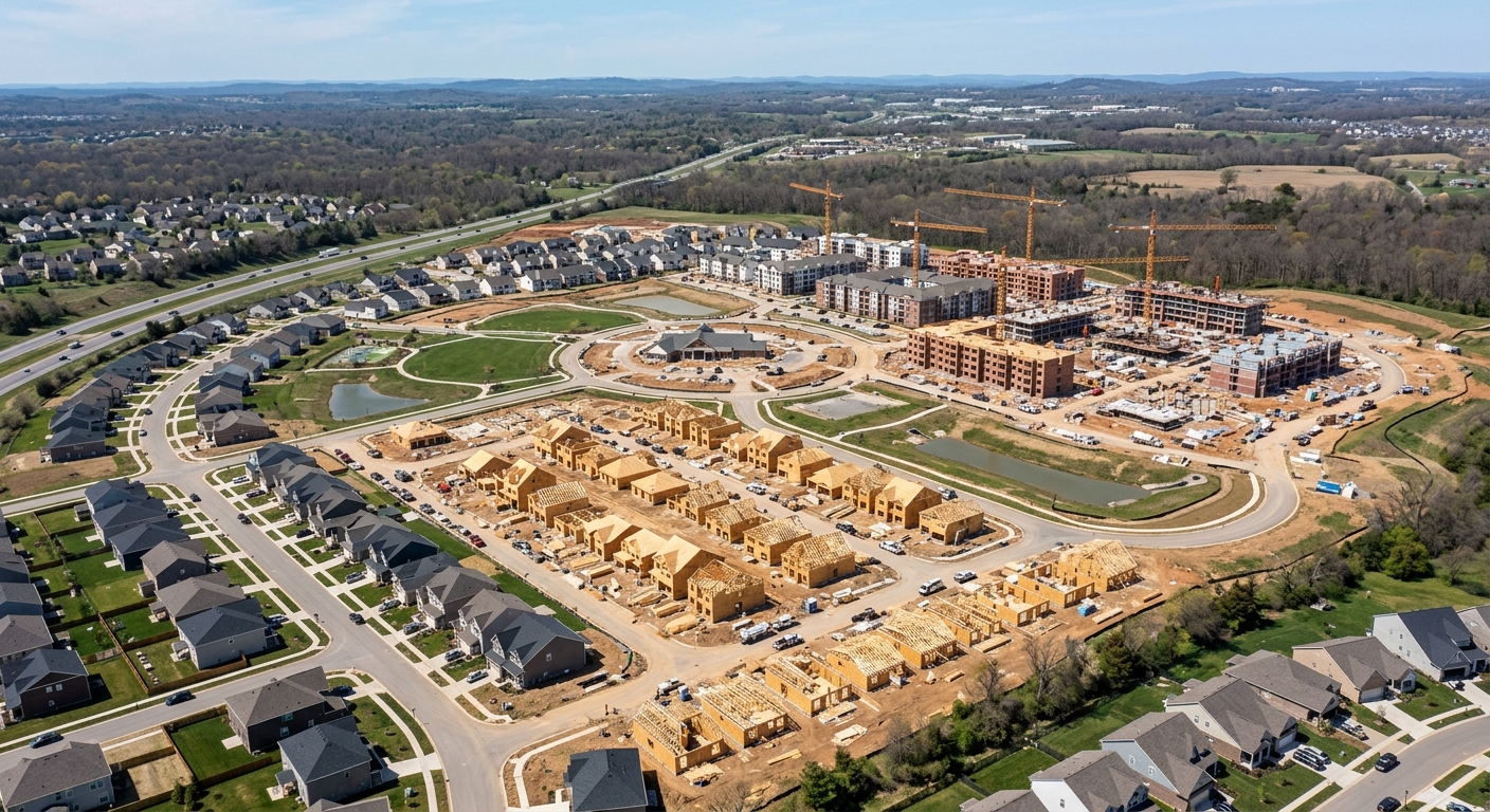 Vue aérienne d'un programme immobilier neuf en construction avec plusieurs tranches de bâtiments