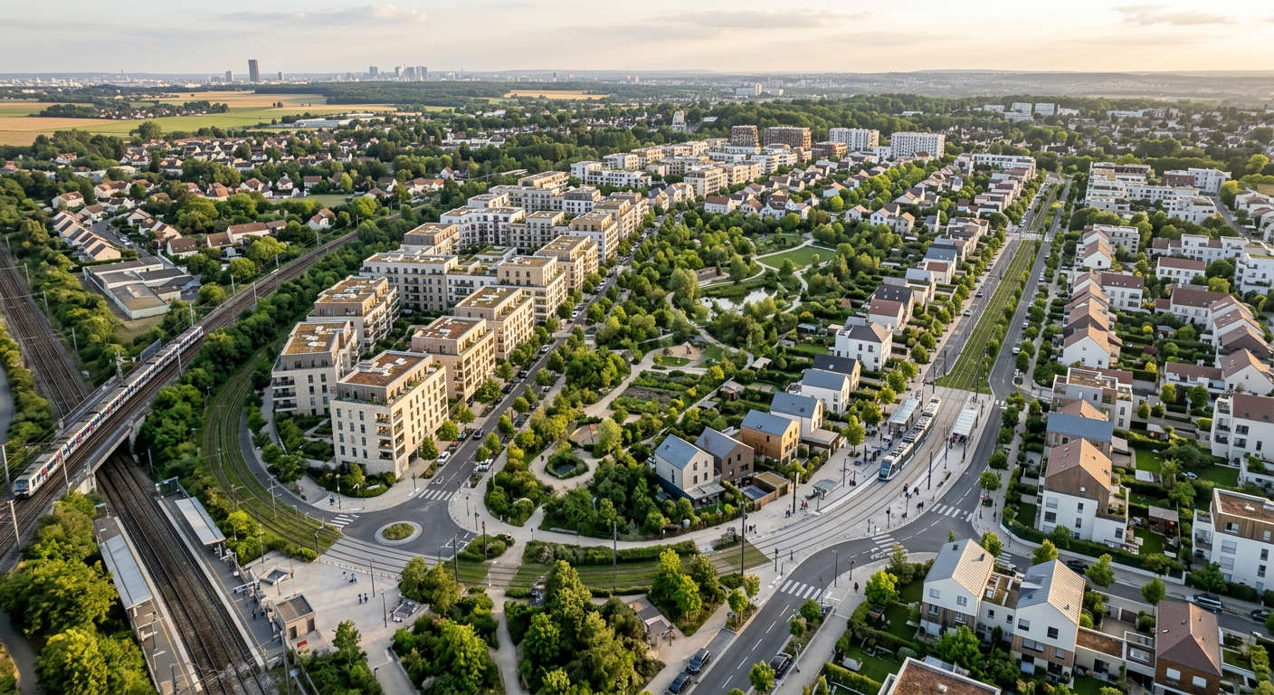 Quartier résidentiel neuf en banlieue parisienne avec espaces verts
