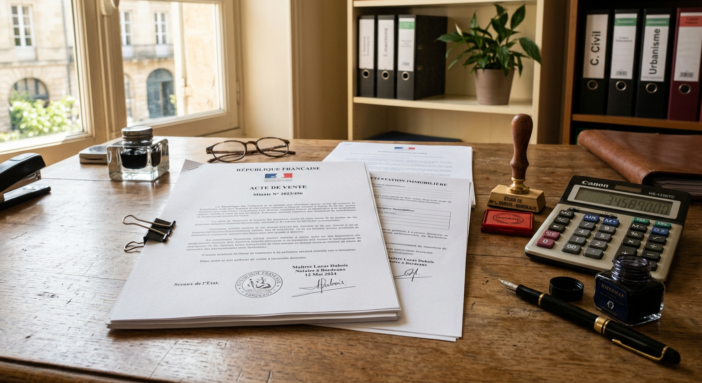 Bureau de notaire avec documents de vente immobilière et calculatrice