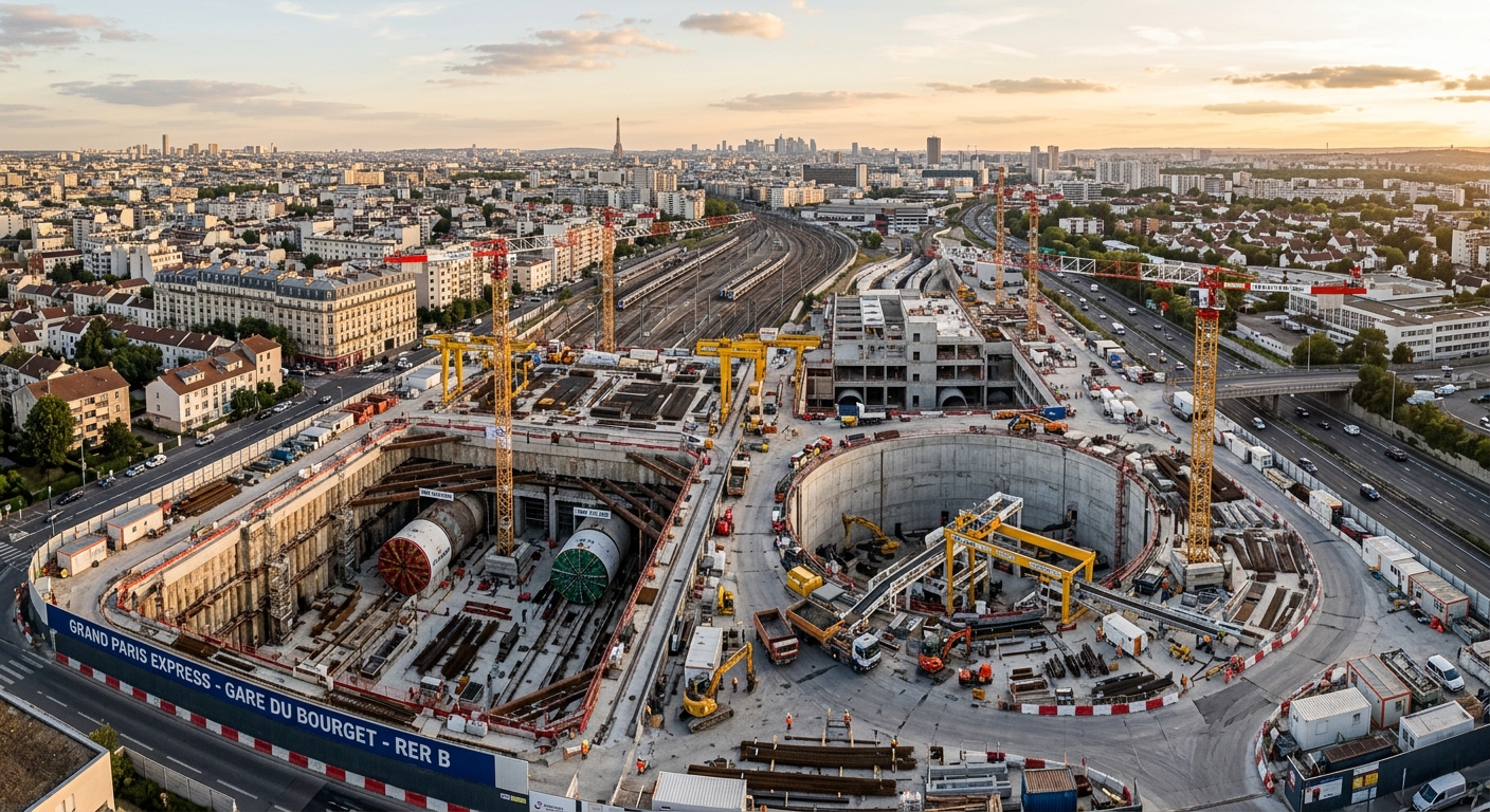 Tunnel du Grand Paris Express en construction avec tunnelier visible