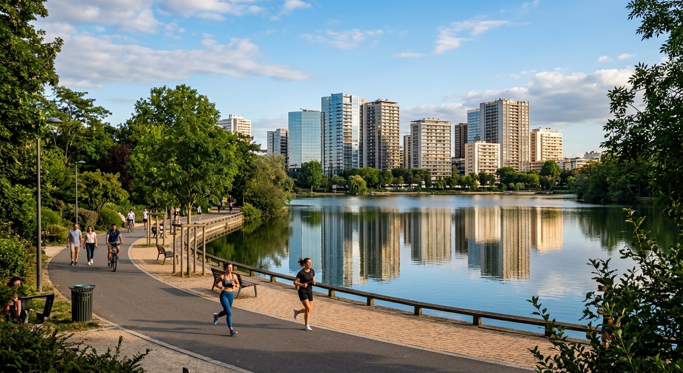 Vue du lac de Créteil avec immeubles résidentiels modernes en arrière-plan