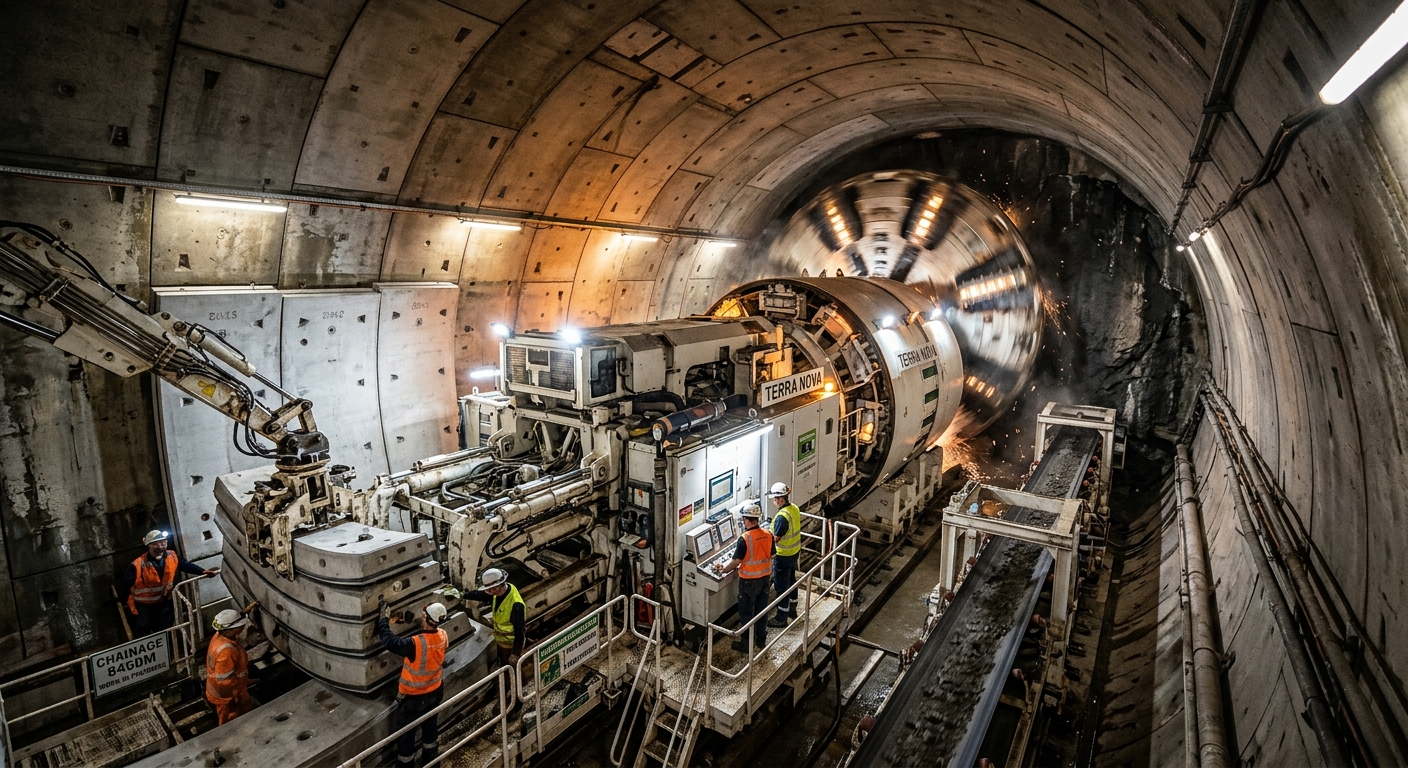 Tunnelier du Grand Paris Express dans un tunnel souterrain en cours de creusement
