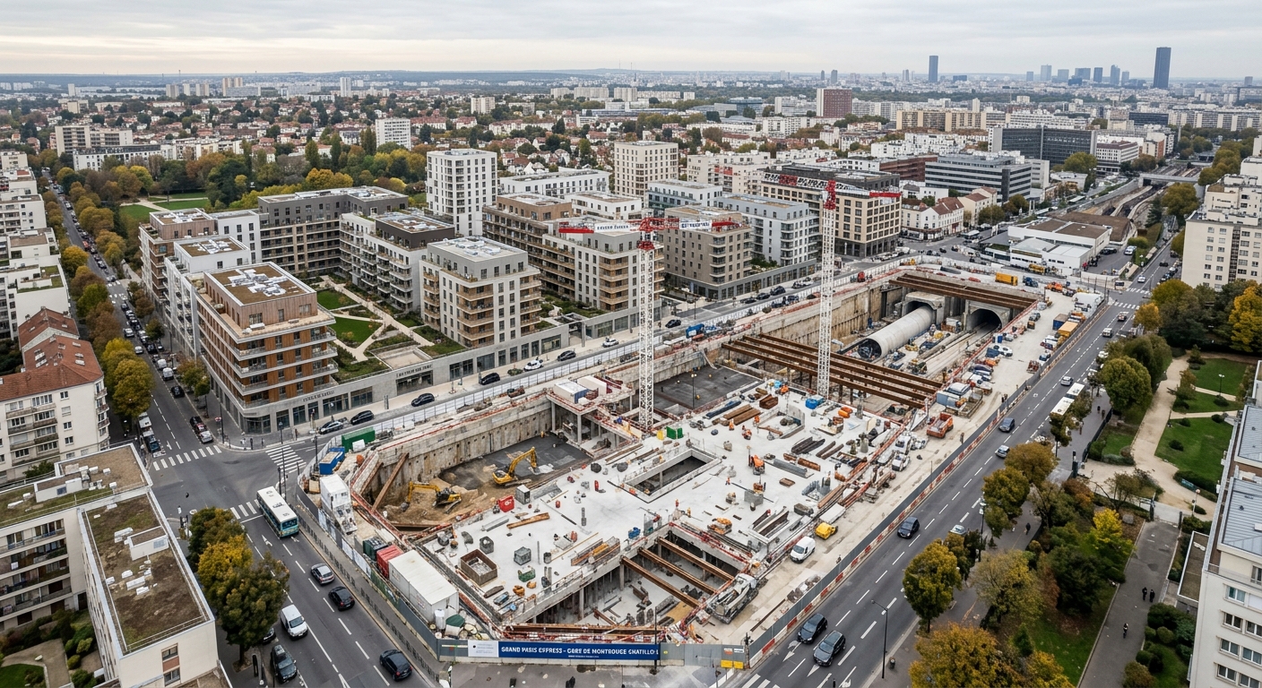 Chantier d'une gare du Grand Paris Express et programmes neufs alentour