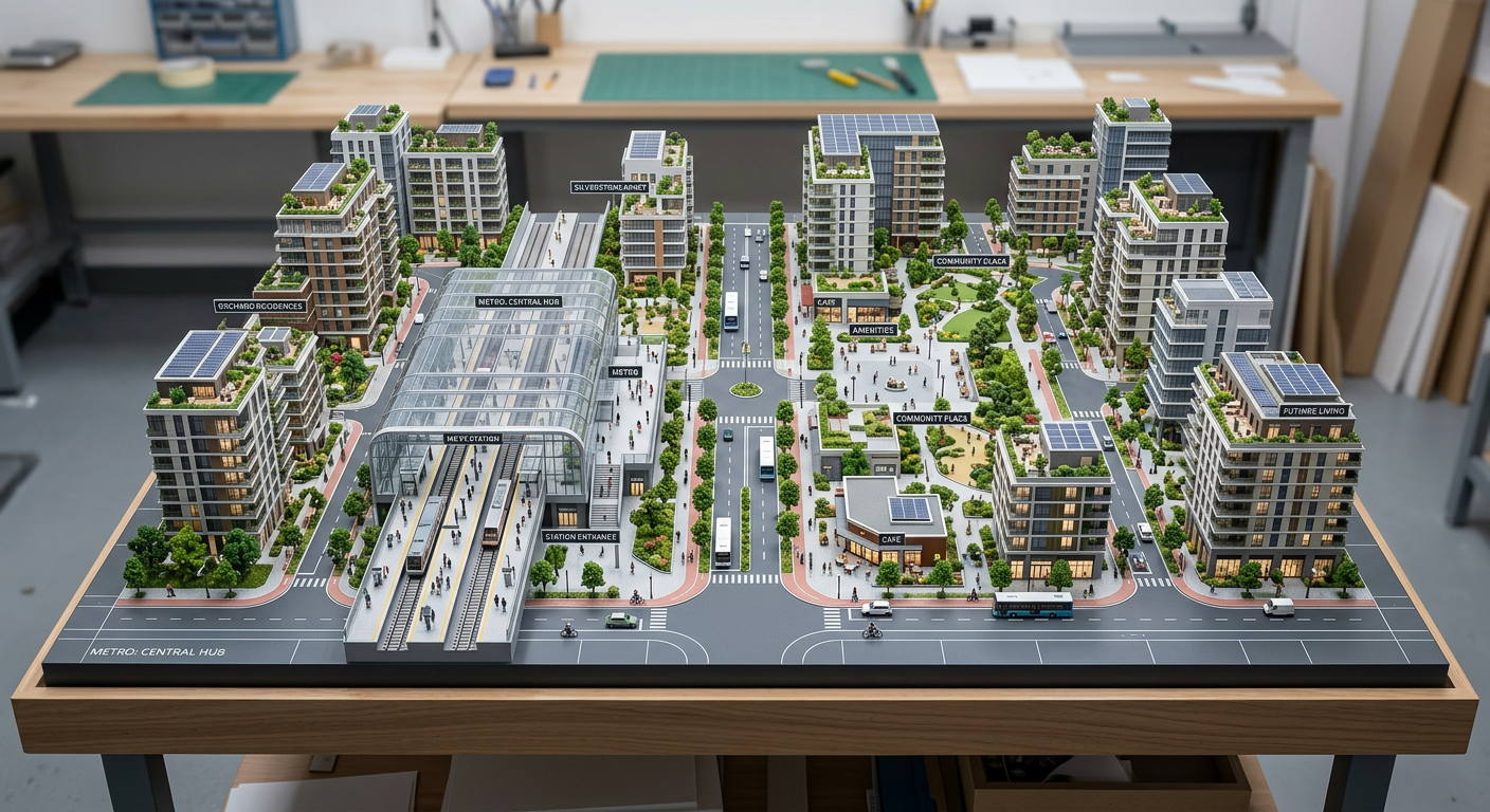Maquette d'un futur quartier desservi par le Grand Paris Express