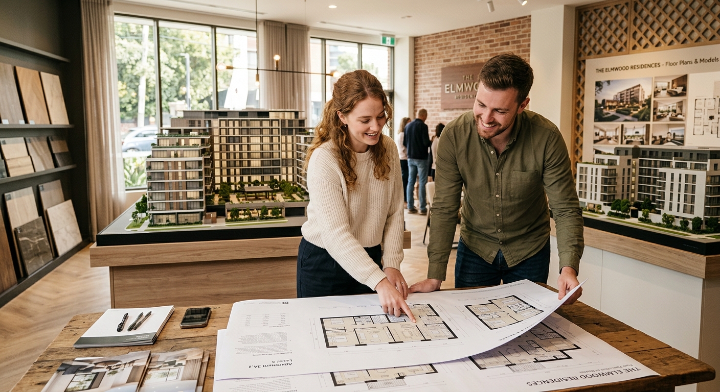 Couple de primo-accédants consultant les plans d'un appartement neuf en showroom