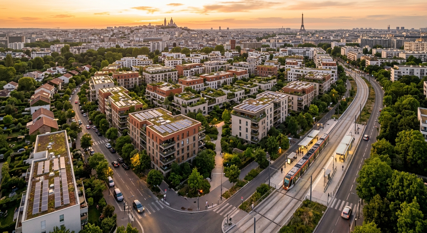 Vue aérienne d'un quartier résidentiel neuf en banlieue parisienne avec panneaux solaires et tramway