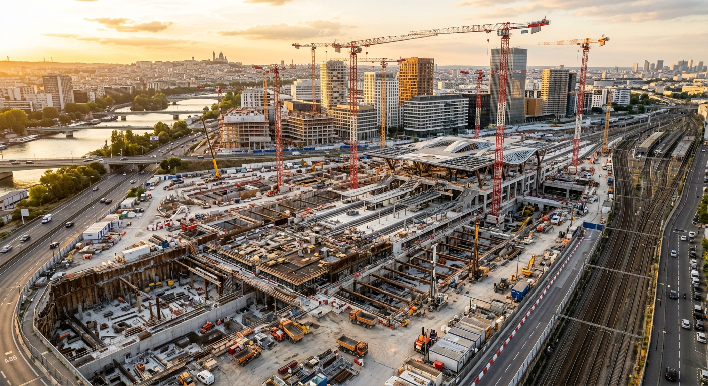 Chantier de la gare Saint-Denis Pleyel du Grand Paris Express avec grues et structures en construction