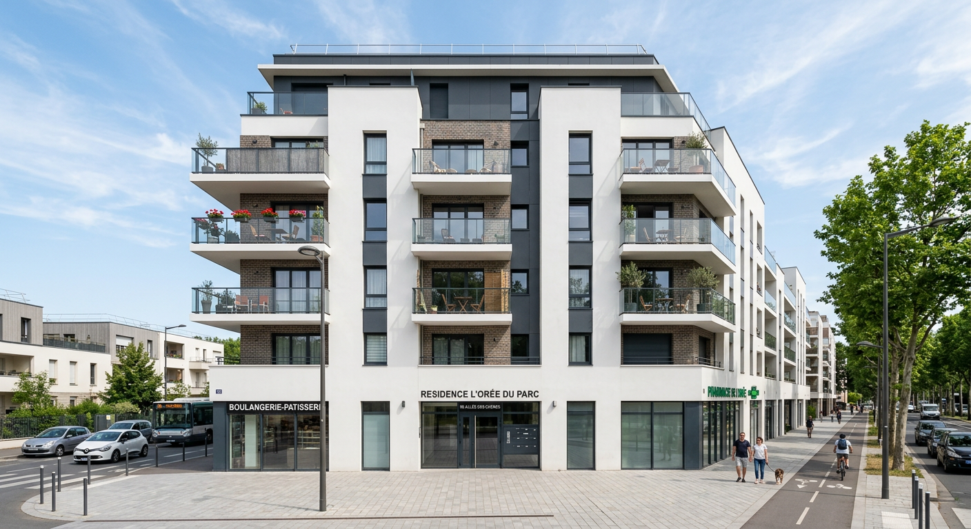 Façade d'un immeuble neuf moderne dans une banlieue parisienne avec balcons et architecture contemporaine