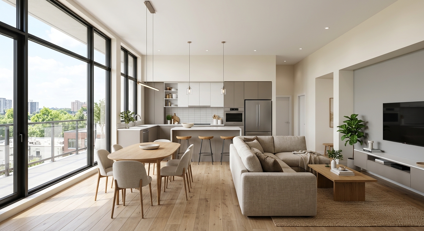 Intérieur lumineux d'un appartement neuf avec cuisine ouverte et grandes fenêtres
