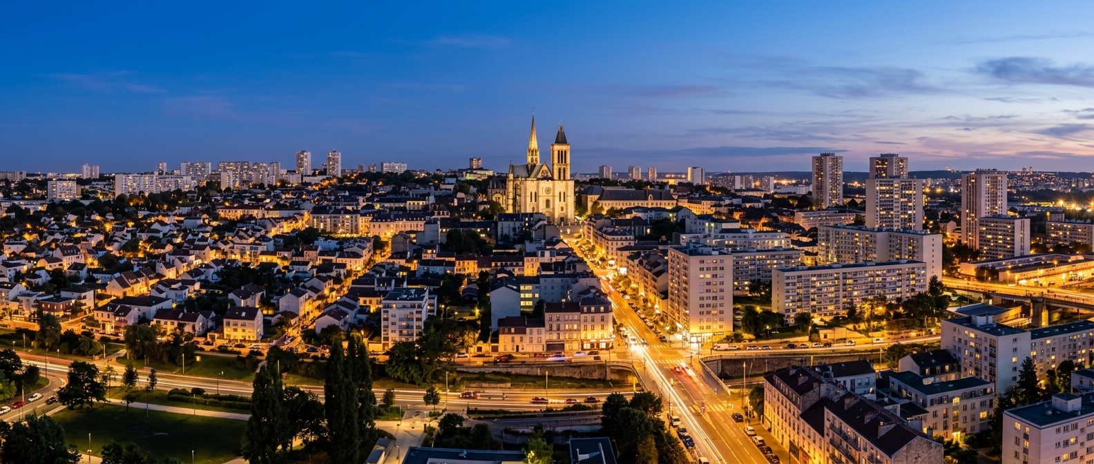 Panorama de Saint-Denis montrant la basilique et les immeubles modernes à l'heure bleue