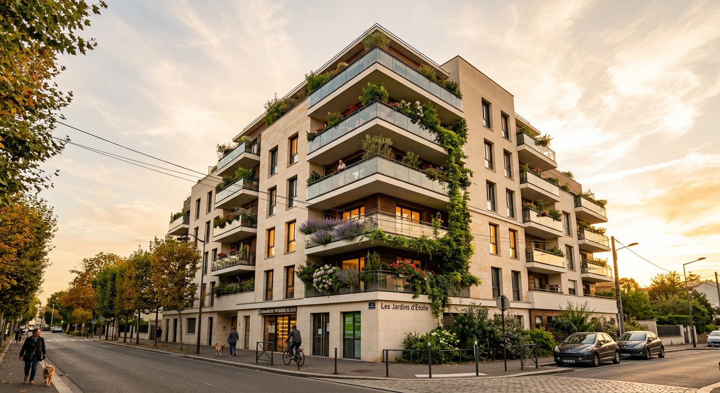 Façade d'un immeuble neuf avec balcons végétalisés dans les Hauts-de-Seine
