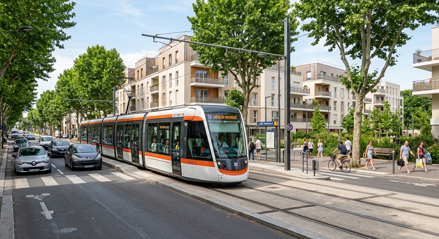Tramway T6 traversant un quartier résidentiel neuf à Clamart