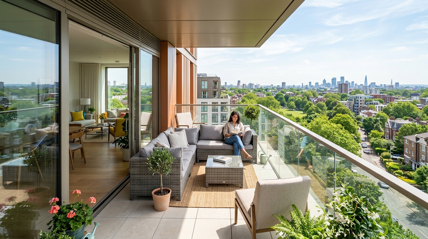 Balcon d'un appartement neuf éligible Pinel+ avec vue sur un quartier urbain verdoyant