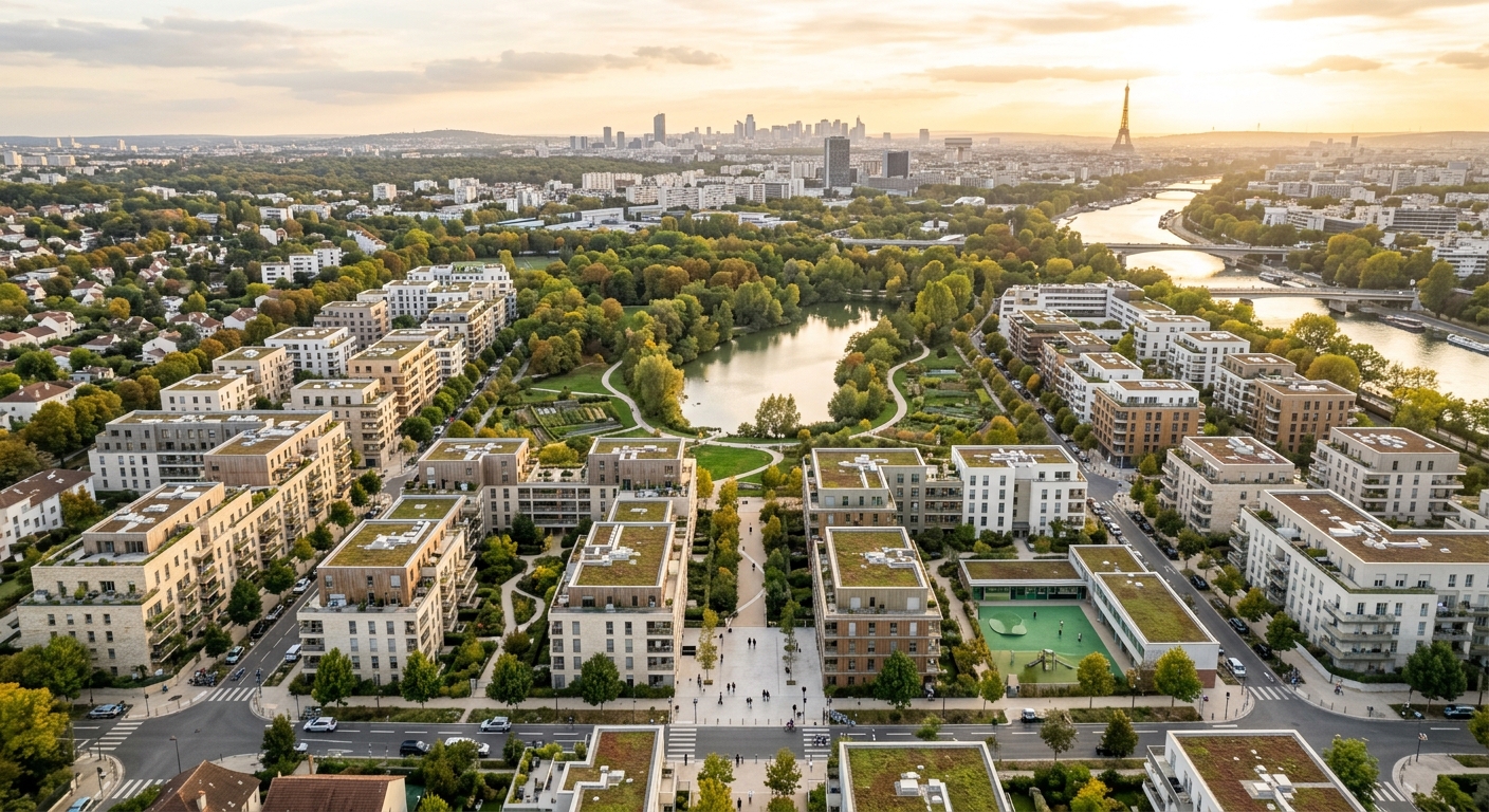Vue aérienne d'un quartier résidentiel neuf en banlieue ouest parisienne