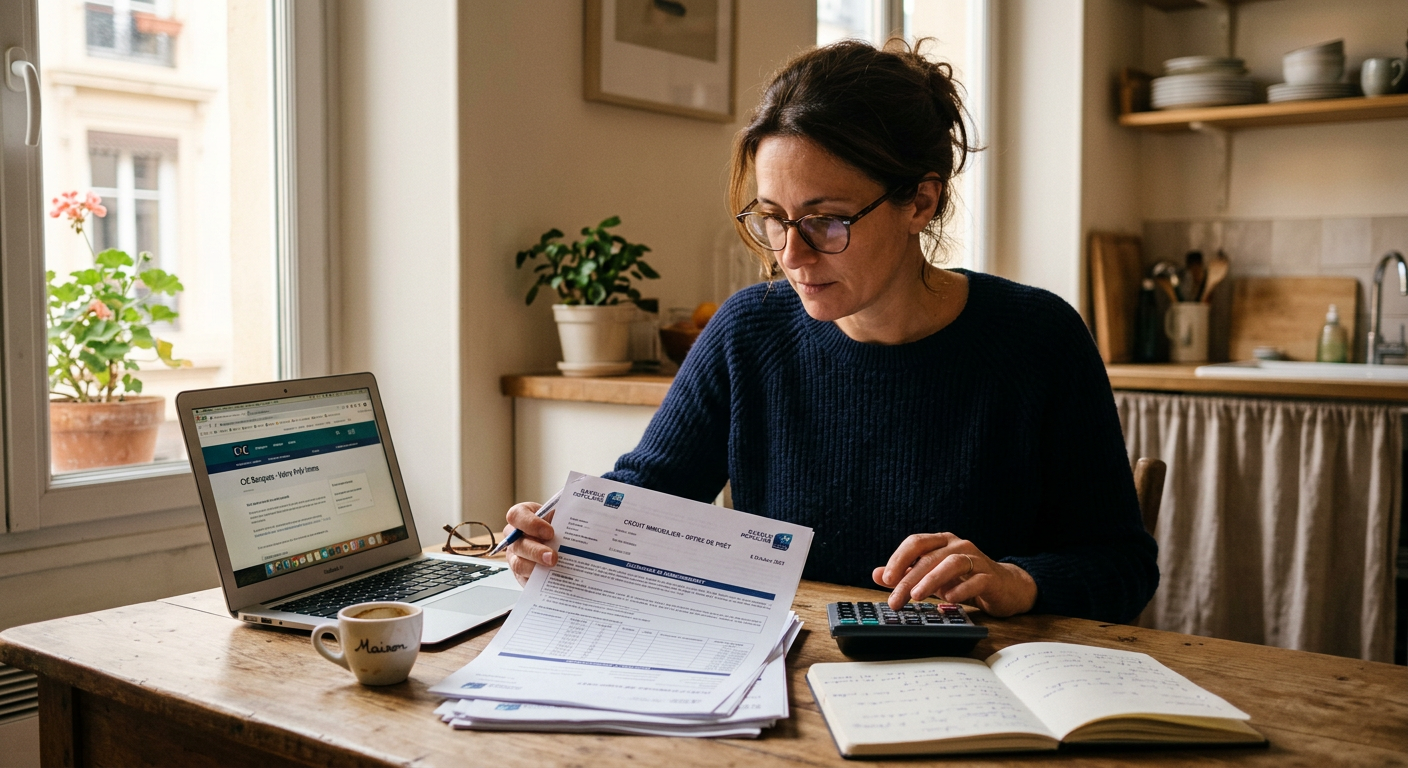 Propriétaire consultant des documents de prêt relais immobilier avec calculatrice et ordinateur