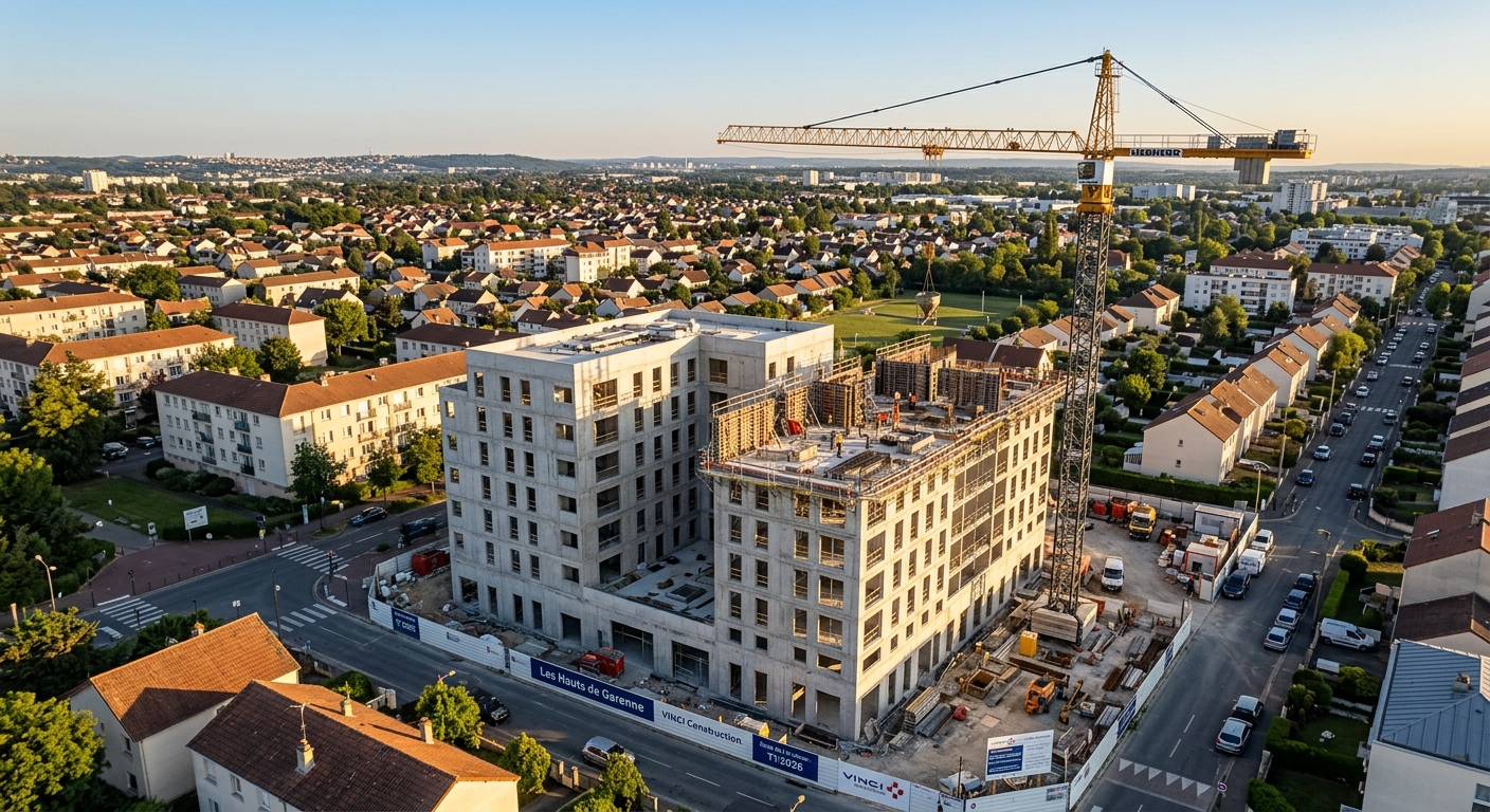 Immeuble résidentiel neuf en construction en banlieue parisienne avec grue de chantier